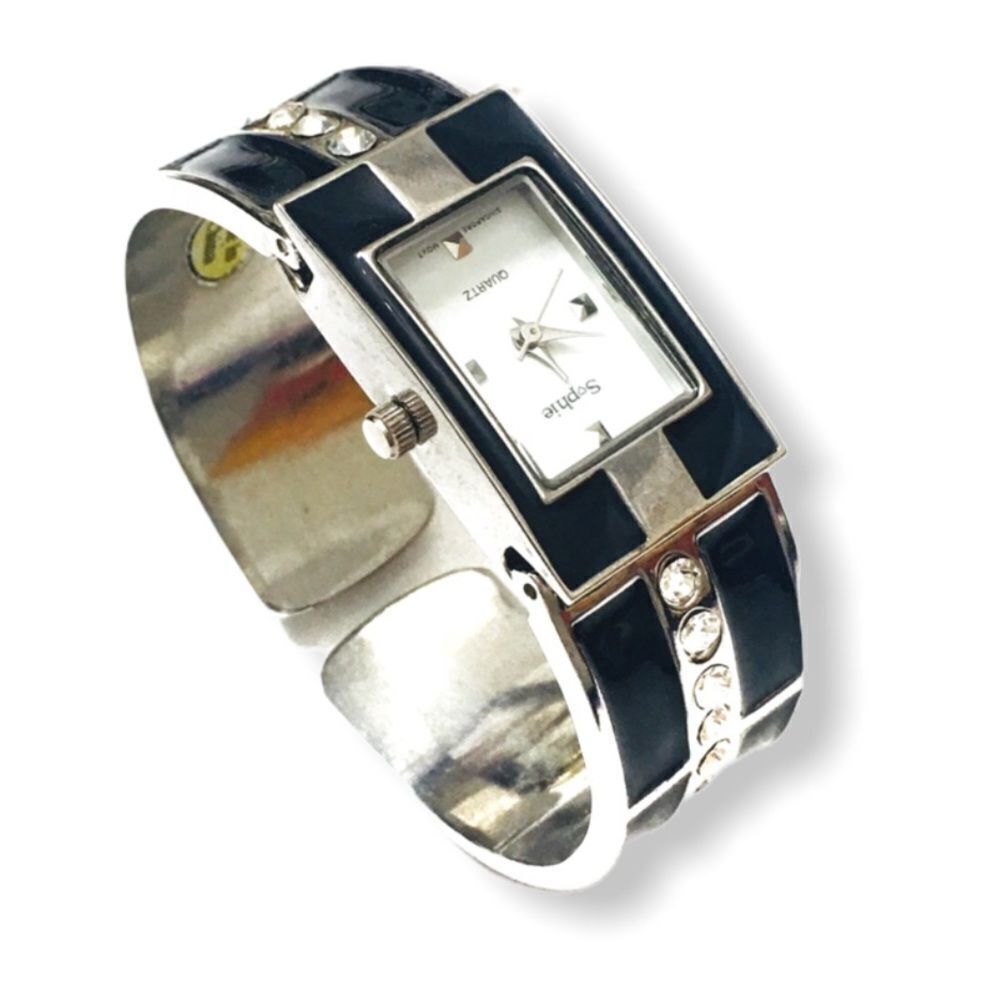 Vintage Black and Silver Tone Cuff Watch by Sophie